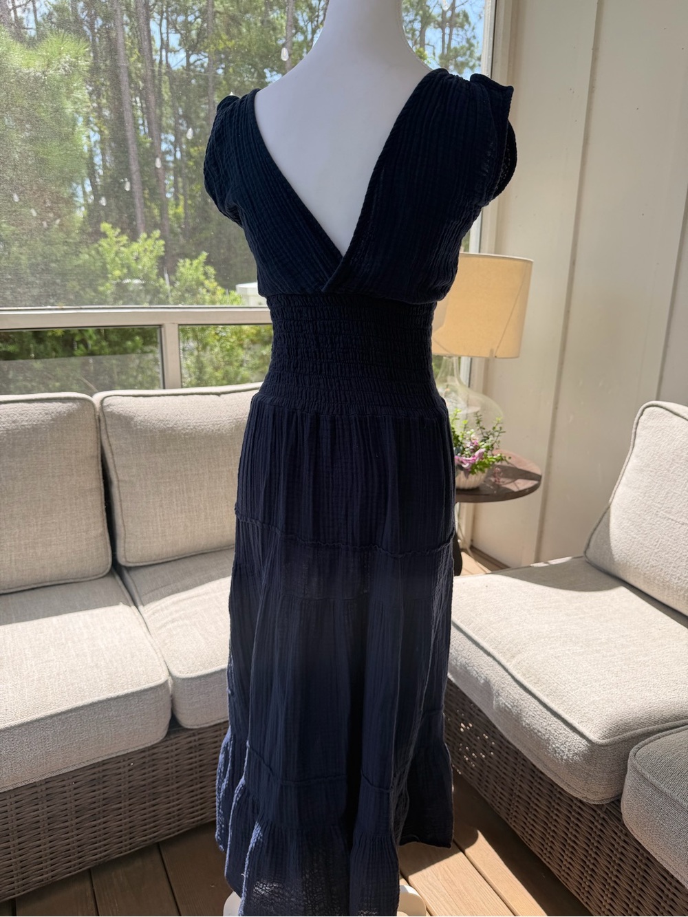 Smocked Waist Navy Maxi Dress with V-Neck - Picture 5 of 8